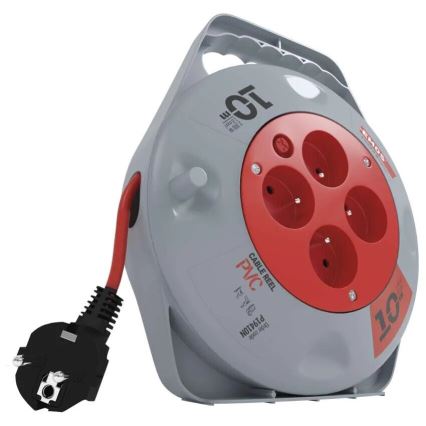 Kabeltrommel mit 4 Steckdosen, 10 m, grau/rot