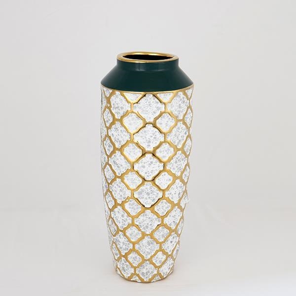 Keramik-Vase 31x12,5 cm weiß/golden/grün