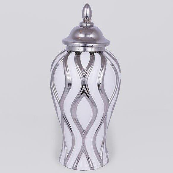 Keramik-Vase 35x18,5 cm silbern/weiß