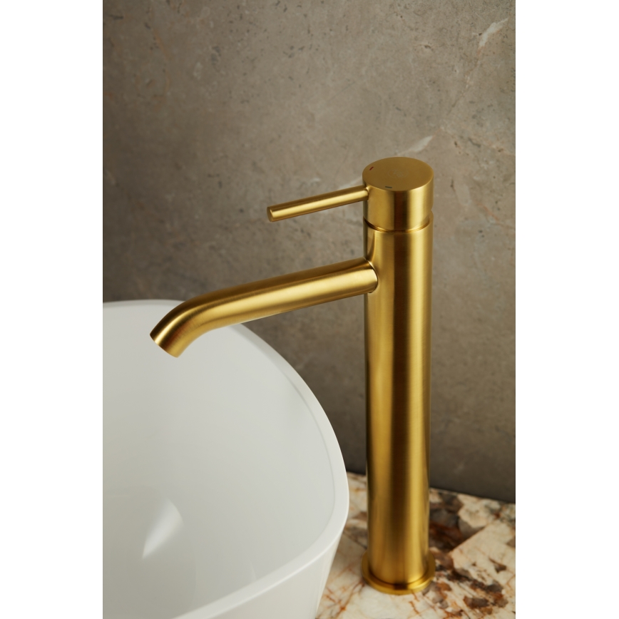 KFA Armatura 5032-612-31 - Waschbeckenarmatur + Ablauf mit Überlauf MOZA 33 cm geschliffen golden