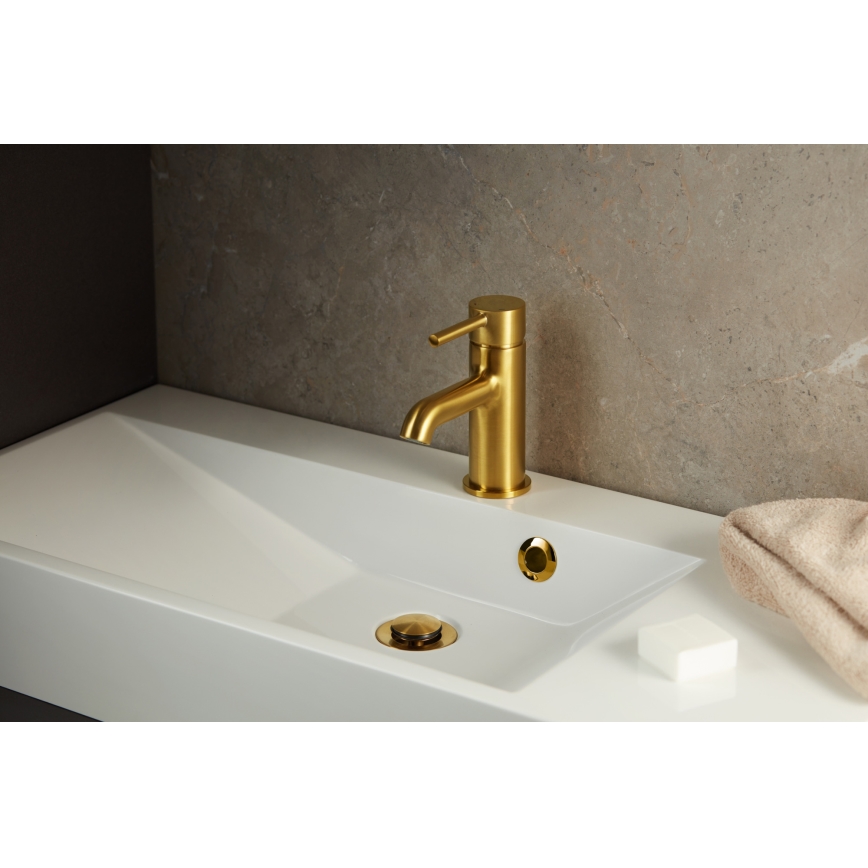 KFA Armatura 5032-815-31 - Waschbeckenarmatur + Ablauf mit Überlauf MOZA 15,2 cm geschliffen golden