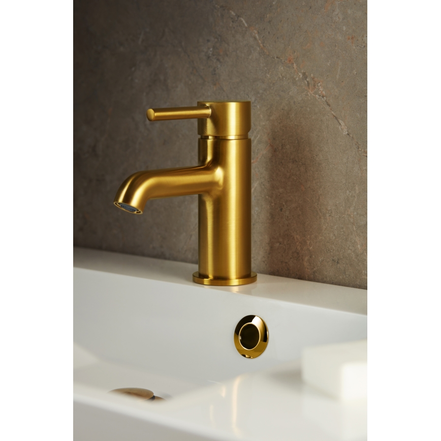 KFA Armatura 5032-815-31 - Waschbeckenarmatur + Ablauf mit Überlauf MOZA 15,2 cm geschliffen golden