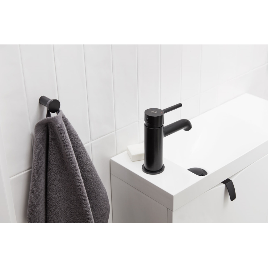 KFA Armatura 5032-815-81 - Waschbeckenarmatur + Ablauf mit Überlauf MOZA 15,2 cm matt schwarz