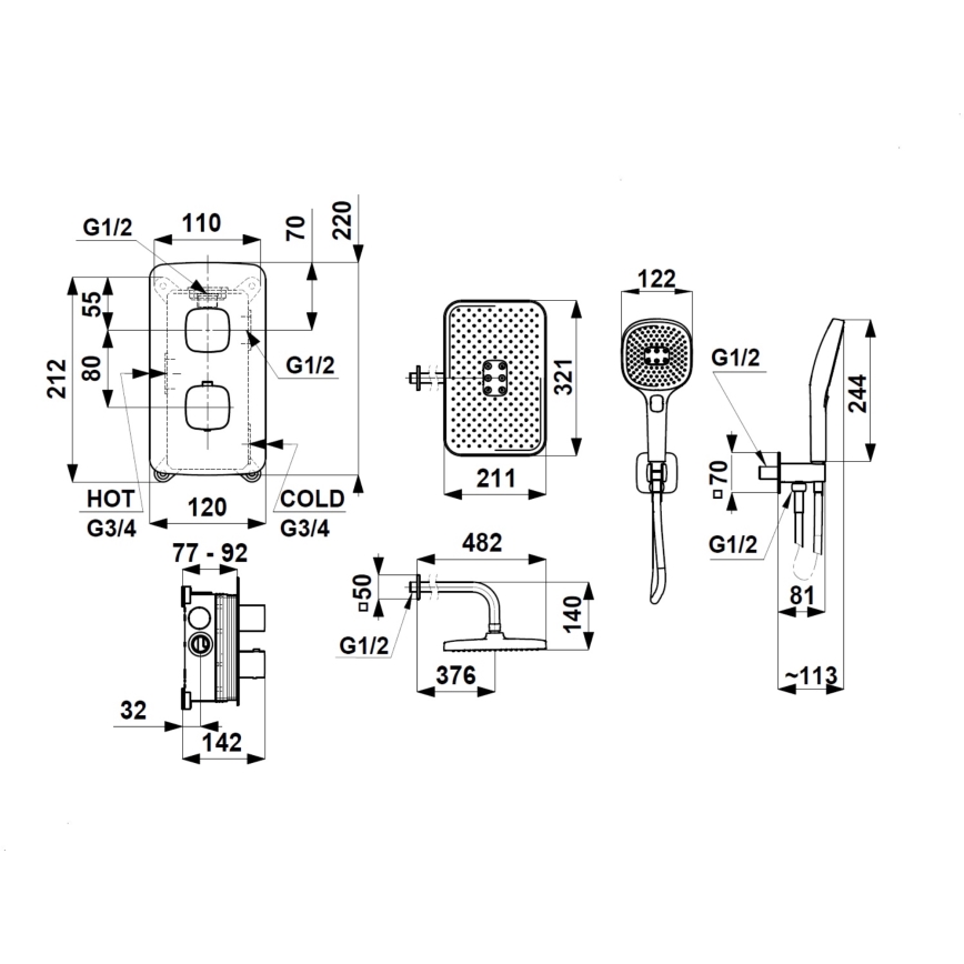KFA Armatura 5759-501-81 - Duschset mit thermostatischer Unterputzarmatur MALAGA schwarz