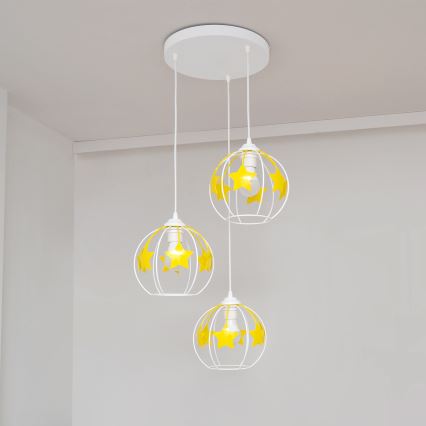 Kinder-Pendelleuchte an Schnur STARS 3xE27/15W/230V gelb/weiß