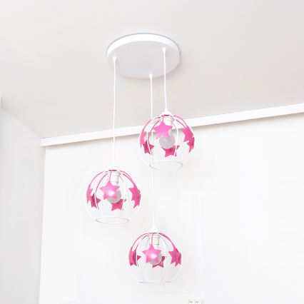 Kinder-Pendelleuchte an Schnur STARS 3xE27/15W/230V rosa/weiß