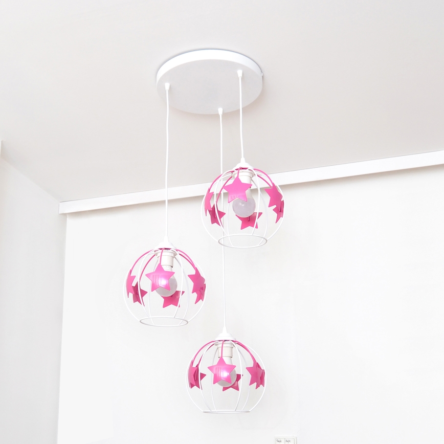 Kinder-Pendelleuchte an Schnur STARS 3xE27/15W/230V rosa/weiß