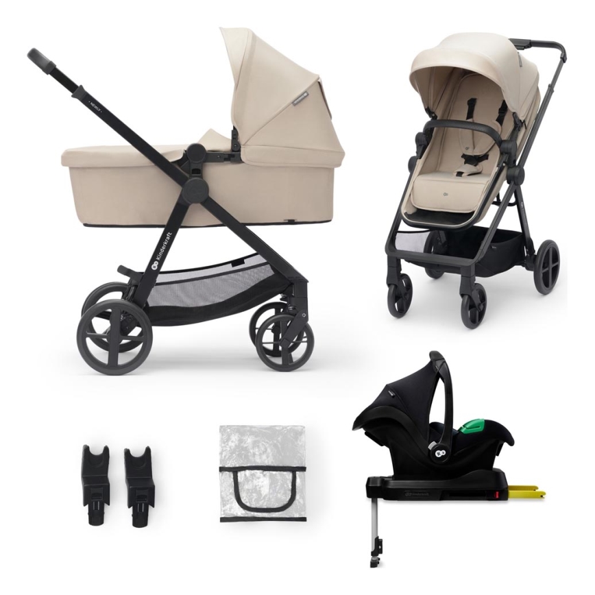 KINDERKRAFT - Kombi-Kinderwagen 4in1 NEWLY Klassisch beige + Auto-Kindersitz MINK PRO mit Basis ISOFIX