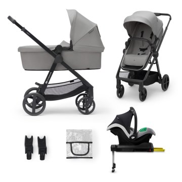 KINDERKRAFT - Kombi-Kinderwagen 4v1 NEWLY Klassisch grau + Auto-Kindersitz MINK PRO mit Sockel ISOFIX