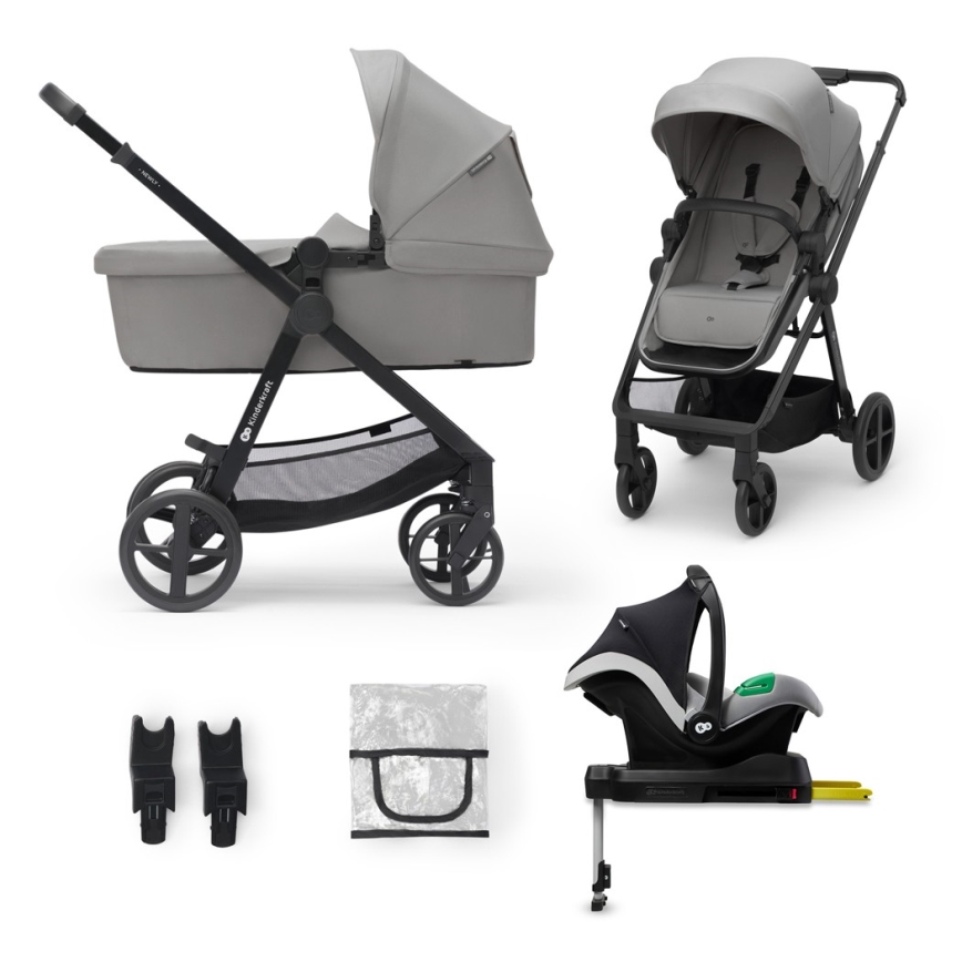 KINDERKRAFT - Kombi-Kinderwagen 4v1 NEWLY Klassisch grau + Auto-Kindersitz MINK PRO mit Sockel ISOFIX