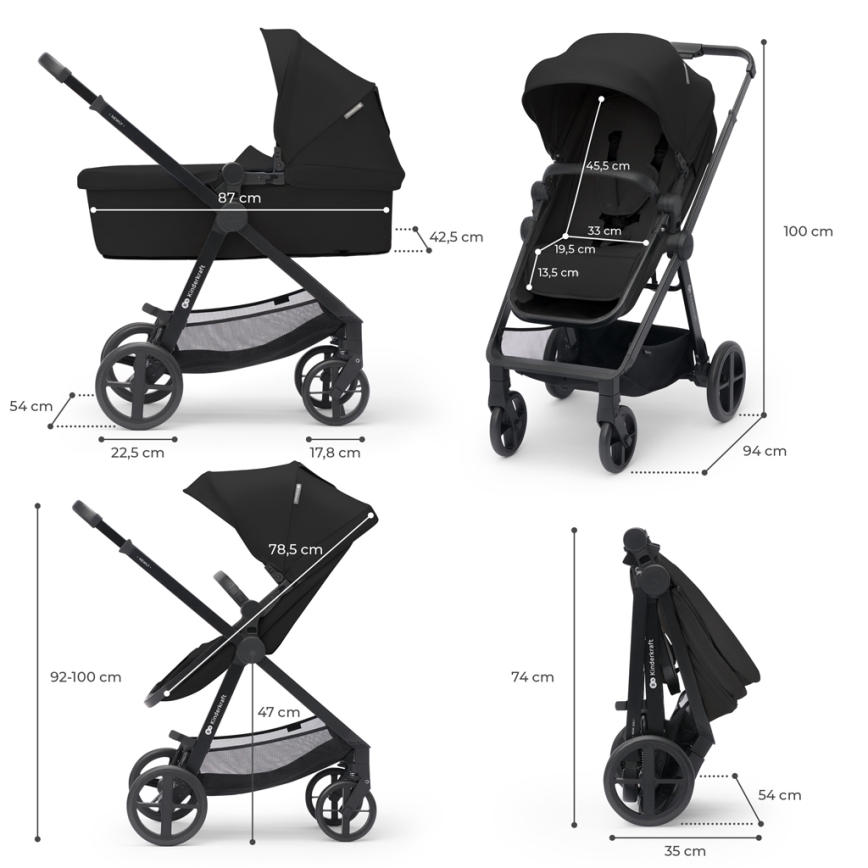 KINDERKRAFT - Kombi-Kinderwagen 4v1 NEWLY Klassisch schwarz + Auto-Kindersitz MINK PRO mit Sockel ISOFIX