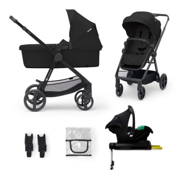 KINDERKRAFT - Kombi-Kinderwagen 4v1 NEWLY Klassisch schwarz + Auto-Kindersitz MINK PRO mit Sockel ISOFIX