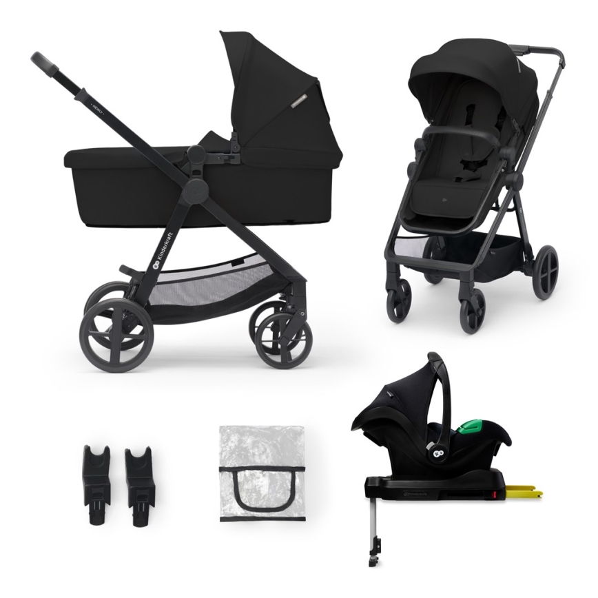KINDERKRAFT - Kombi-Kinderwagen 4v1 NEWLY Klassisch schwarz + Auto-Kindersitz MINK PRO mit Sockel ISOFIX