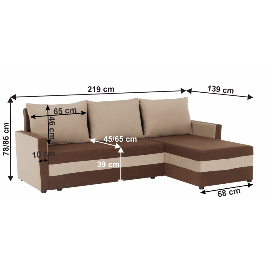 Klappbare Universal-Eck-Sofagarnitur in L-Form BRISTOL braun/beige