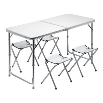 Klappbarer Campingtisch + 4x Stuhl weiß/matt Chrom