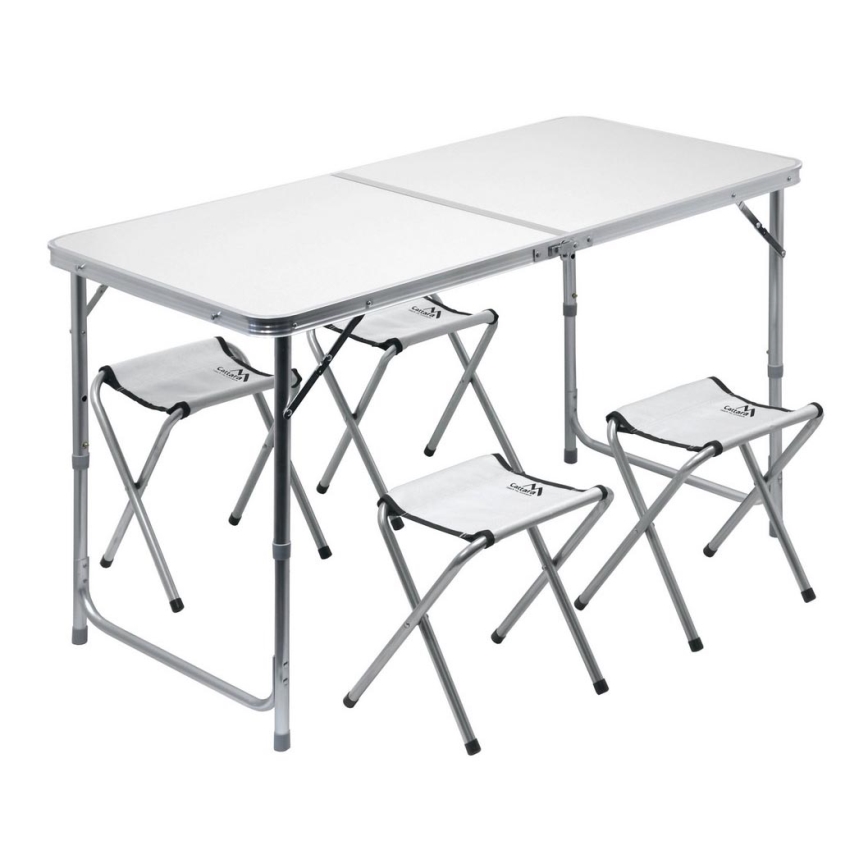 Klappbarer Campingtisch + 4x Stuhl weiß/matt Chrom