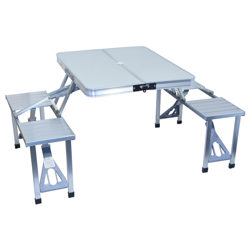 Klappbarer Campingtisch mit Stühlen weiß/matt Chrom