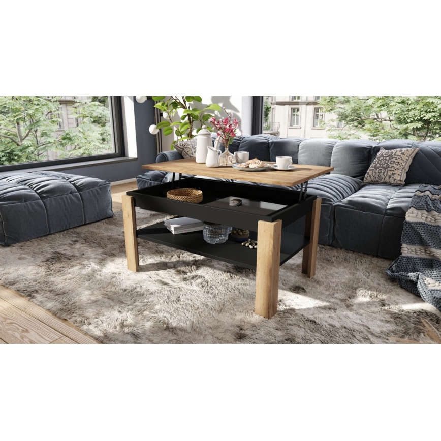 Klappbarer Couchtisch mit anhebbarer Platte mit Ablage ADEN Eiche/schwarz