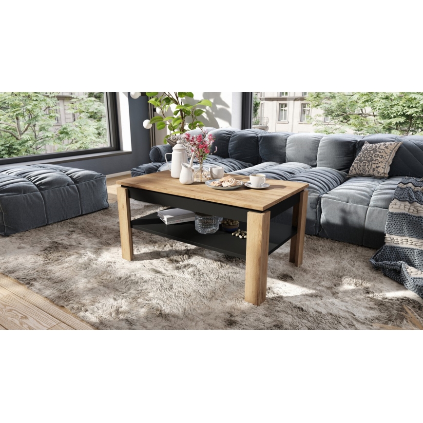 Klappbarer Couchtisch mit anhebbarer Platte mit Ablage ADEN Eiche/schwarz