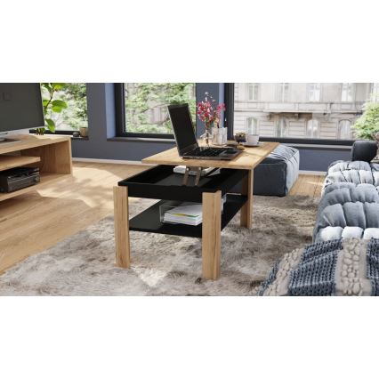 Klappbarer Couchtisch mit anhebbarer Platte mit Ablage ADEN Eiche/schwarz