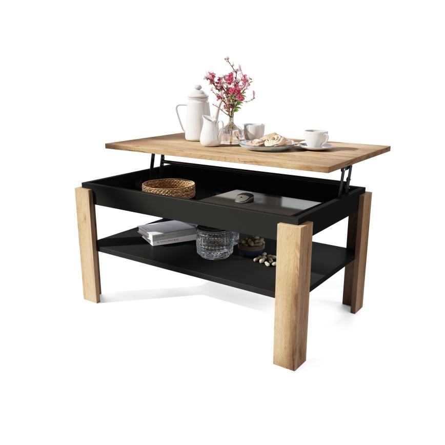 Klappbarer Couchtisch mit anhebbarer Platte mit Ablage ADEN Eiche/schwarz