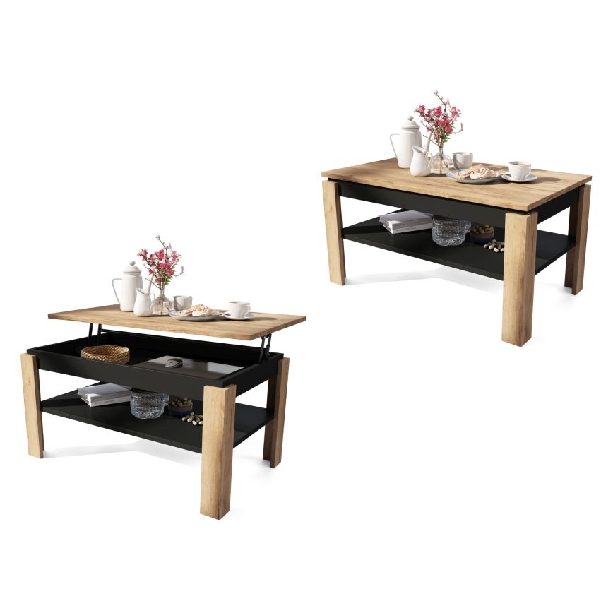 Klappbarer Couchtisch mit anhebbarer Platte mit Ablage ADEN Eiche/schwarz