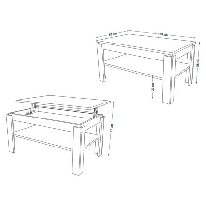 Klappbarer Couchtisch mit anhebbarer Platte mit Ablage ADEN Eiche/schwarz