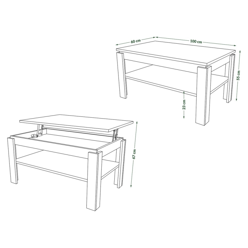 Klappbarer Couchtisch mit anhebbarer Platte mit Ablage ADEN Eiche/schwarz