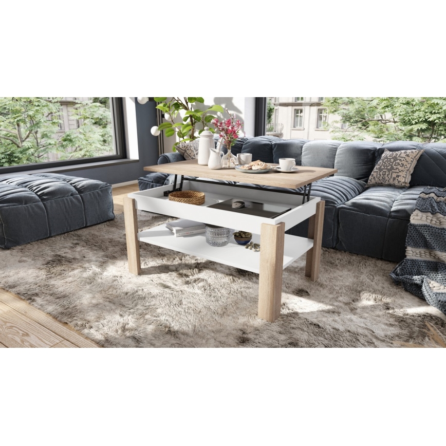 Klappbarer Couchtisch mit anhebbarer Platte mit Ablage ADEN Eiche sonoma/weiß