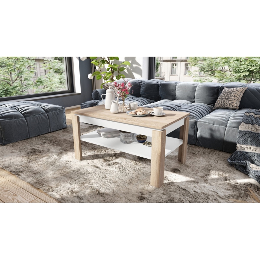 Klappbarer Couchtisch mit anhebbarer Platte mit Ablage ADEN Eiche sonoma/weiß