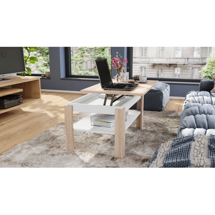 Klappbarer Couchtisch mit anhebbarer Platte mit Ablage ADEN Eiche sonoma/weiß