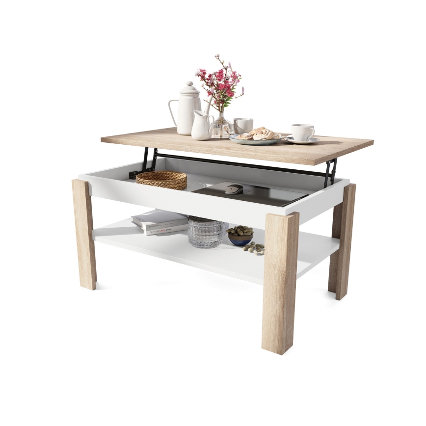 Klappbarer Couchtisch mit anhebbarer Platte mit Ablage ADEN Eiche sonoma/weiß