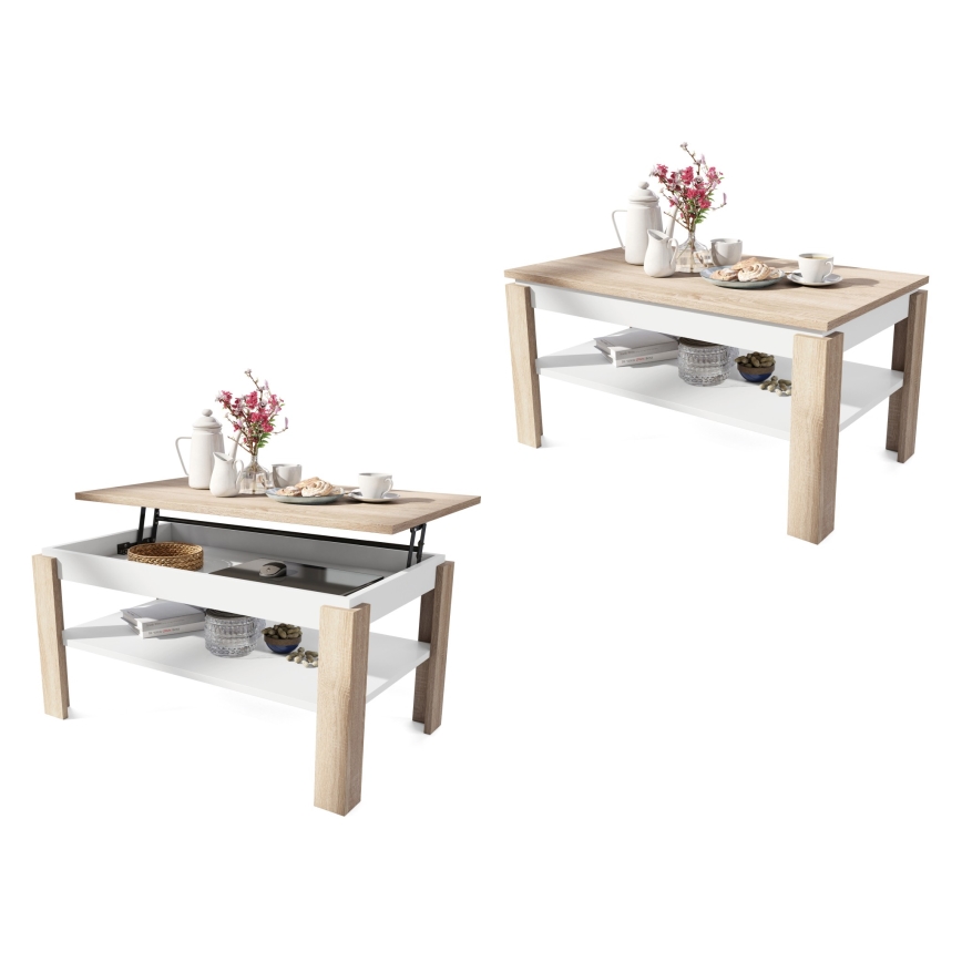 Klappbarer Couchtisch mit anhebbarer Platte mit Ablage ADEN Eiche sonoma/weiß