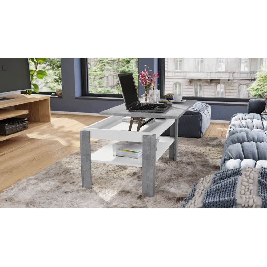 Klappbarer Couchtisch mit anhebbarer Platte mit Ablage ADEN grau/weiß