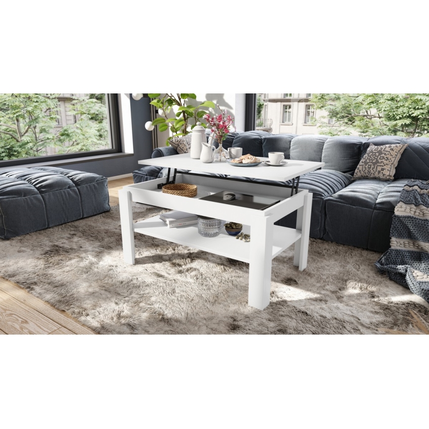 Klappbarer Couchtisch mit anhebbarer Platte mit Ablage ADEN weiß