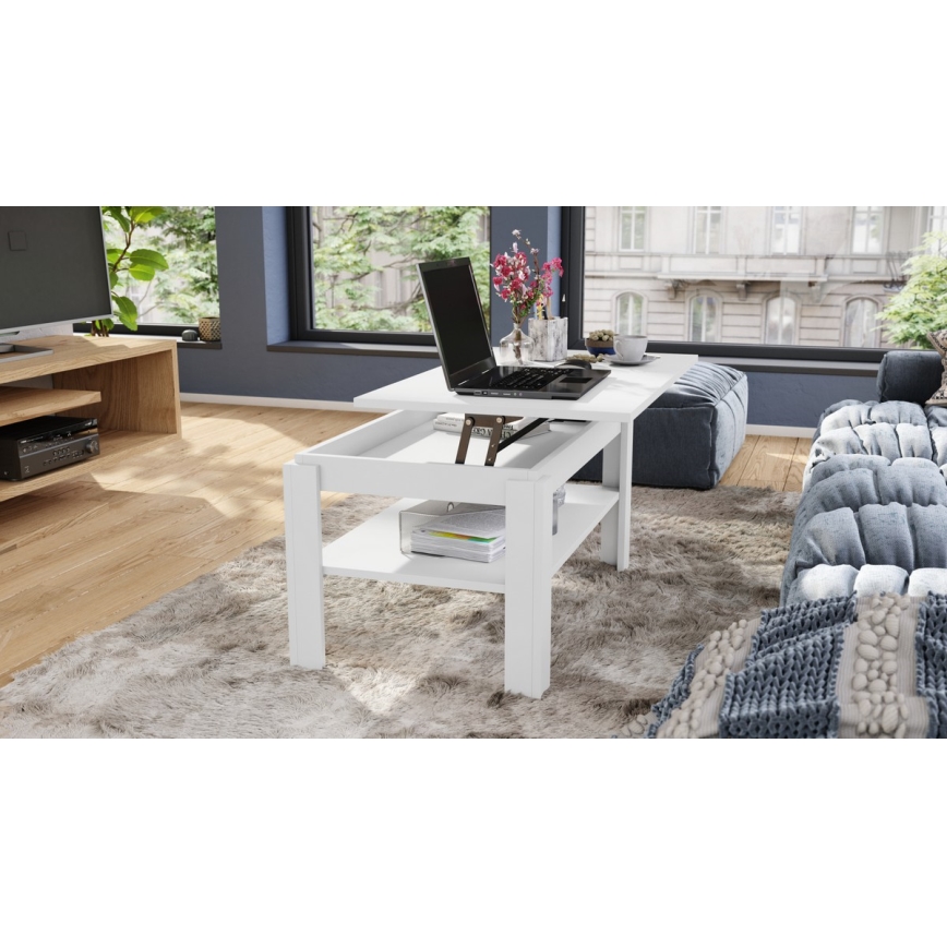 Klappbarer Couchtisch mit anhebbarer Platte mit Ablage ADEN weiß