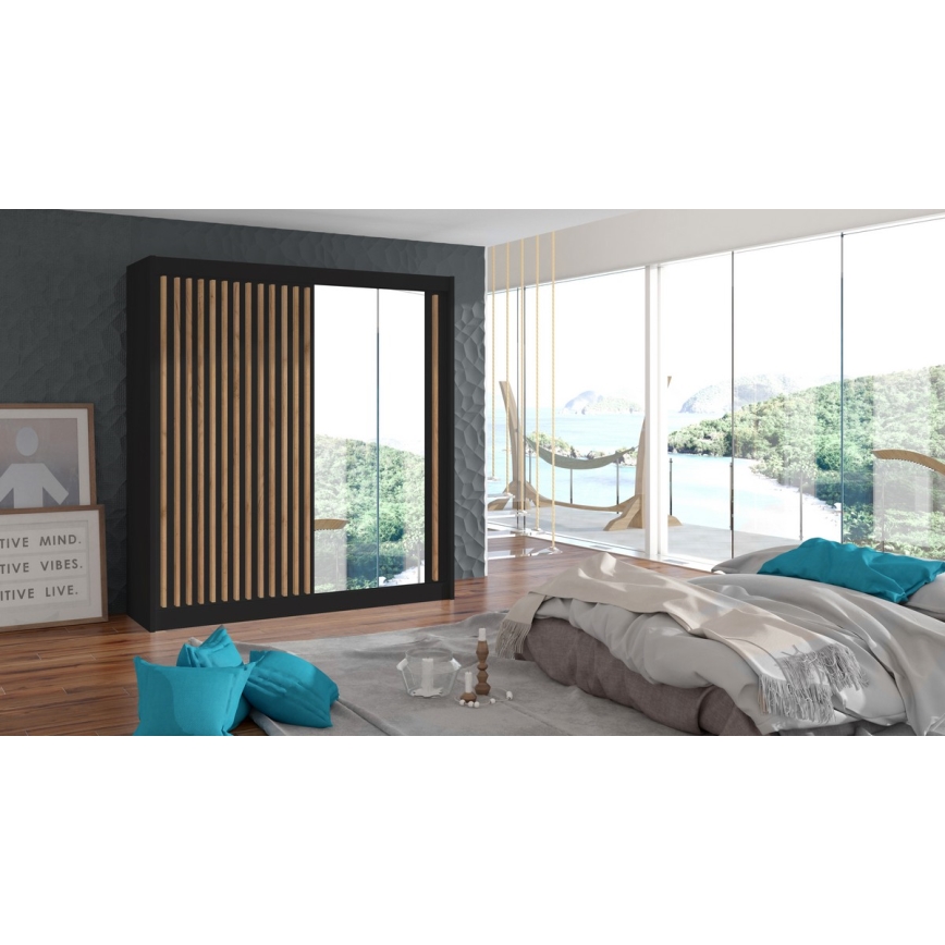 Kleiderschrank mit Spiegel SANTINO 203x215x61 cm schwarz/Craft-Eiche