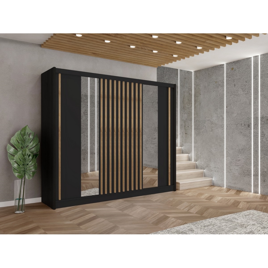 Kleiderschrank mit Spiegel SANTINO 250x215 cm schwarz/Eiche Craft