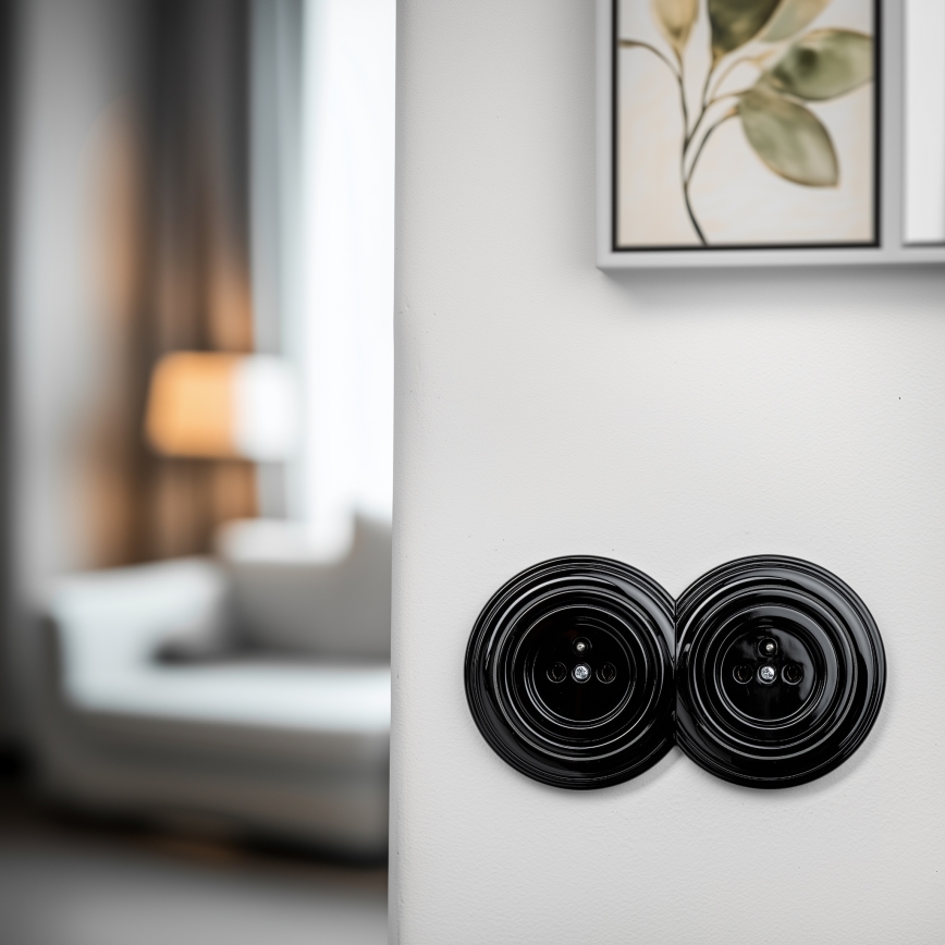 Kliklap - Doppel-Steckdose im Retro-Design mit Rahmen Nr. 1, Schwarz