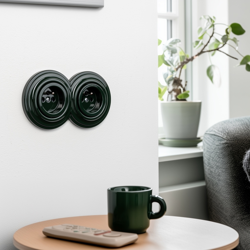 Kliklap - Doppelsteckdose im Retro-Design für den Hausgebrauch mit Rahmen, 230 V, grün