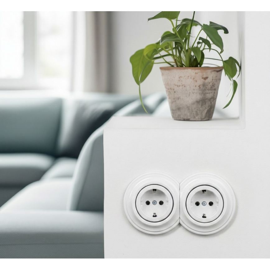 Kliklap - Doppelsteckdose im Retro-Design für den Wohnbereich mit Rahmen, SCHUKO 230V, schneeweiß
