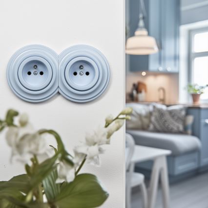 Kliklap - doppelte Retro-Haushaltssteckdose mit Rahmen 230V blau