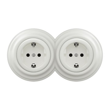 Kliklap - Doppelte Retro-Haushaltssteckdose mit Rahmen SCHUKO 230V/16A, Keramikweiß