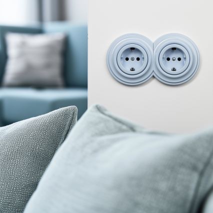 Kliklap - Doppelte Retro-Steckdose für den Haushalt mit Rahmen SCHUKO 230 V, blau