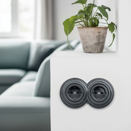 Kliklap - Doppelte Retro-Steckdose mit Rahmen, SCHUKO 230V, Anthrazit