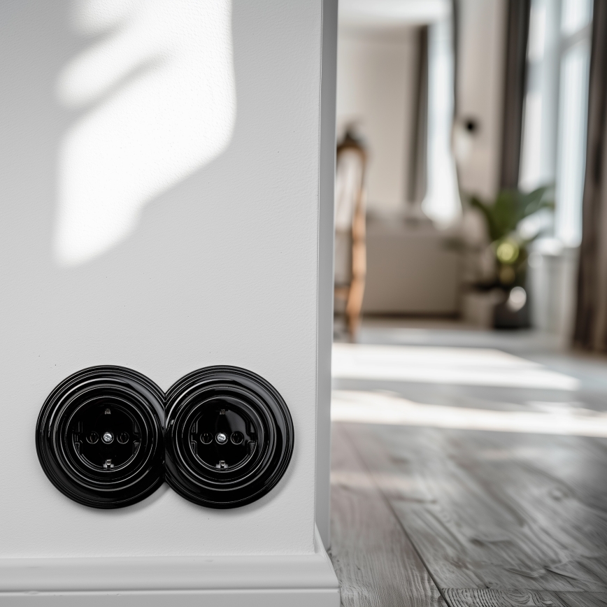 Kliklap - Doppelte Retro-Wandsteckdose mit Rahmen, SCHUKO 230 V, schwarz