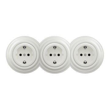 Kliklap - Dreifach-Retro-Steckdose für den Haushalt mit Rahmen, SCHUKO, 230 V, Keramikweiß