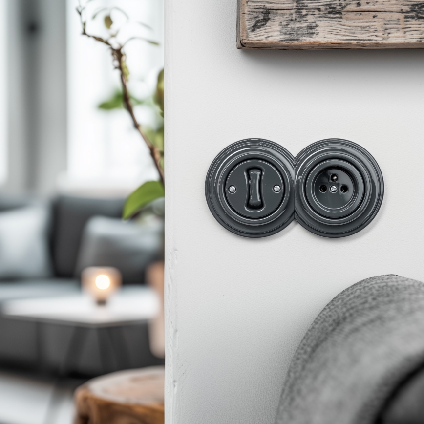 Kliklap - Retro-Doppelschalter (einpolig) mit Rahmen Nr. 1, Anthrazit