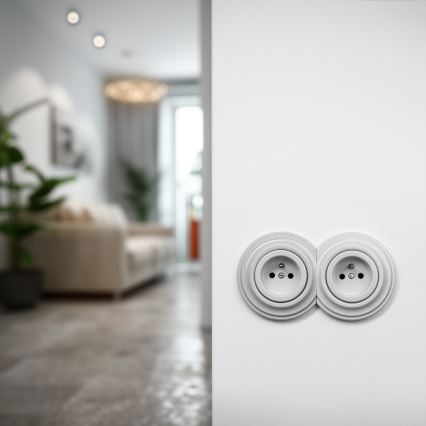 Kliklap – Retro-Doppelsteckdose für den Haushalt mit Rahmen, 230 V, weiß, aus Keramik