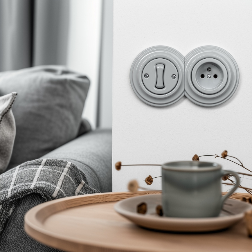 Kliklap - Retro-Einpoliger Schalter Nr. 1 und 230-V-Steckdose mit Rahmen, grau